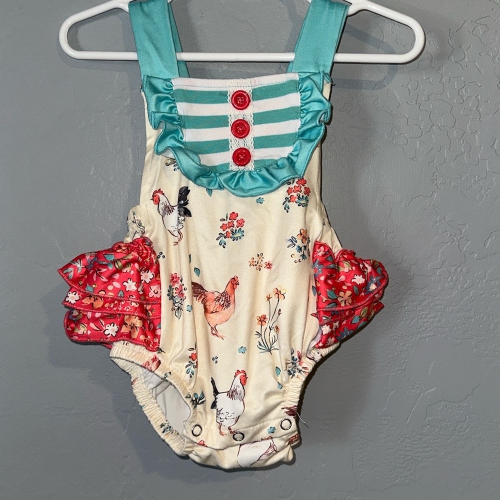 Floral Chicken Print Bodysuit with Ruffle Sleeves